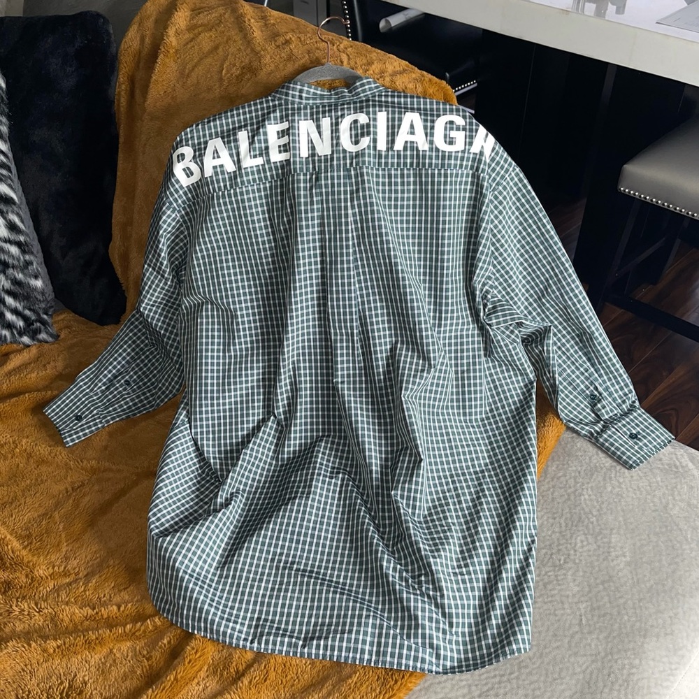Balenciaga Green New Swing Pussy-Bow Oversized Checked Logo Shirt - Picture 7 of 13